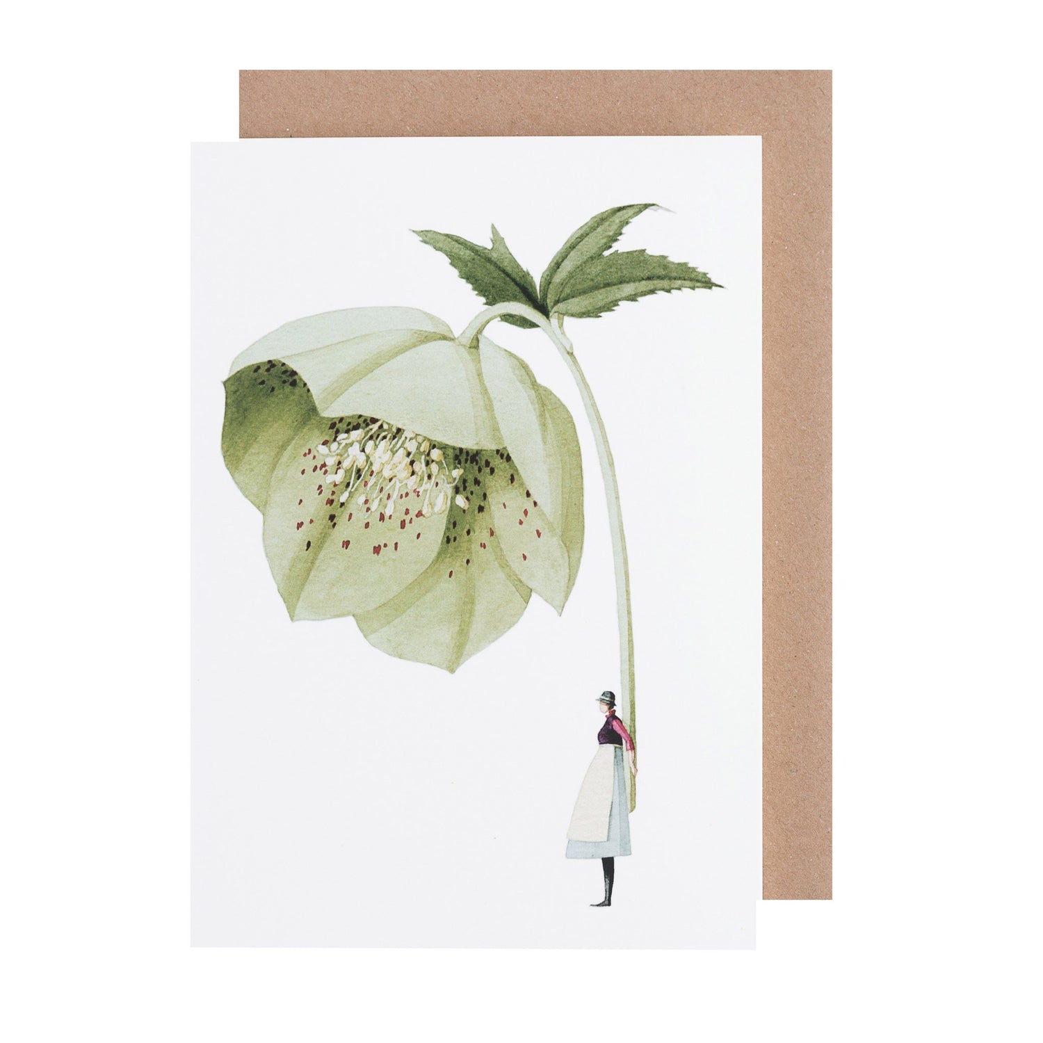 A Hellebore Greeting Card by Hester &amp; Cook with artwork of a woman standing next to a flower, printed on environmentally sustainable paper.
