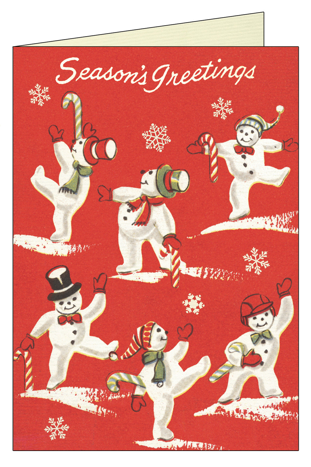 A Christmas card by Cavallini Papers with vintage artwork of various snowman dancing with a candy cane on a red background. 