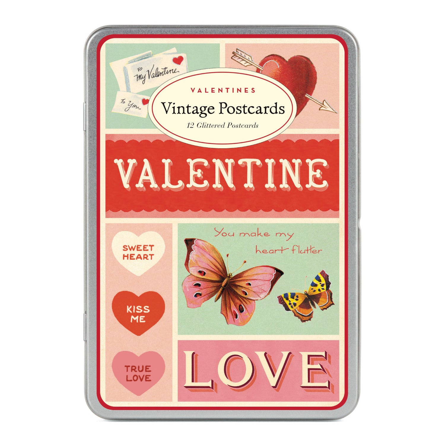 A decorative tin case containing paper valentine cards.