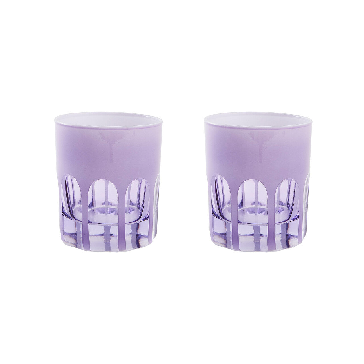 Two festive Set of 2 Rialto Lupine (Light Purple) Glasses by SIR/MADAM on a white background.