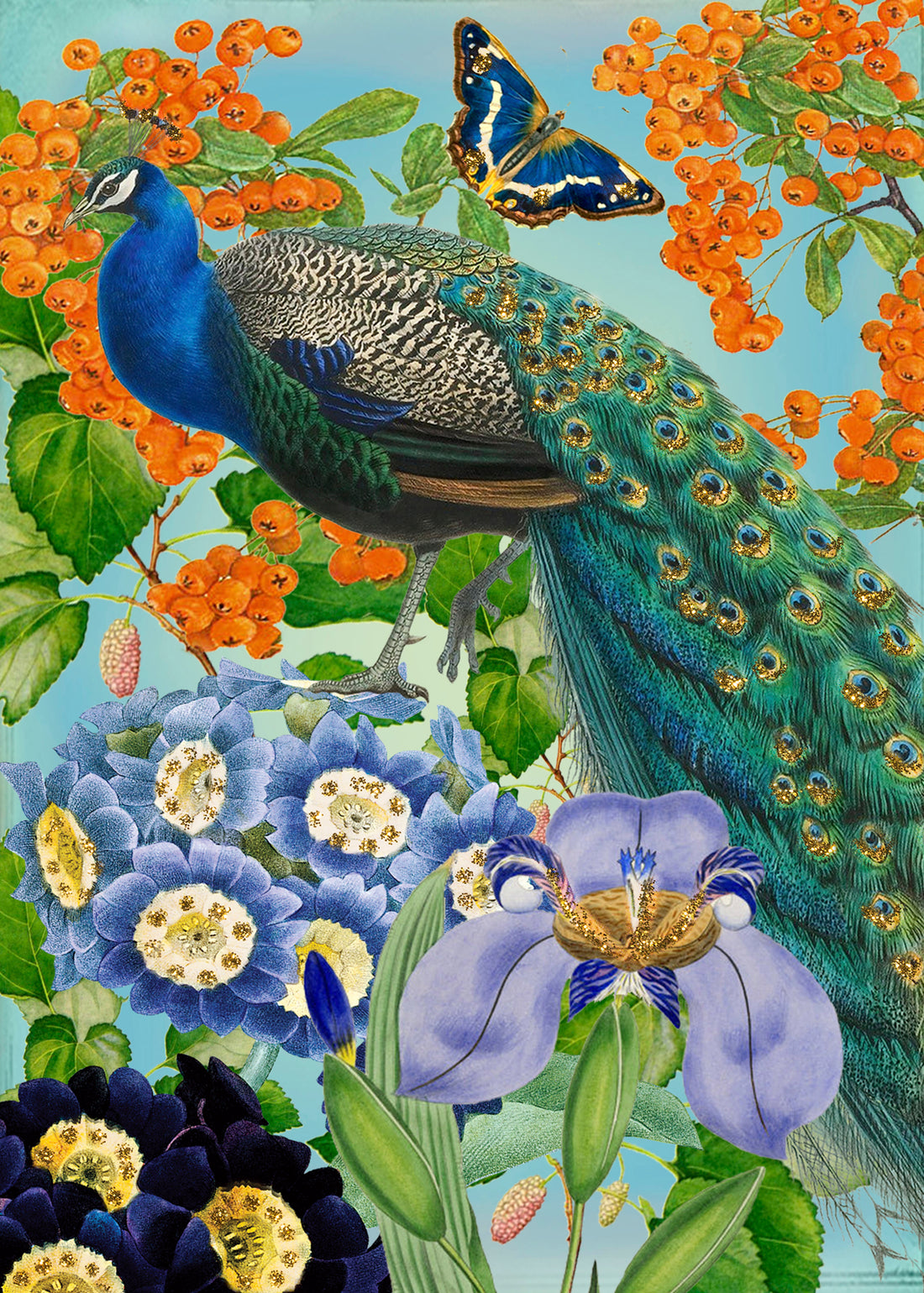 A luxurious Madame Treacle Peacock Glittered Greeting Card featuring a vibrant collage with a peacock design, various flowers, and a butterfly against a blue sky background.