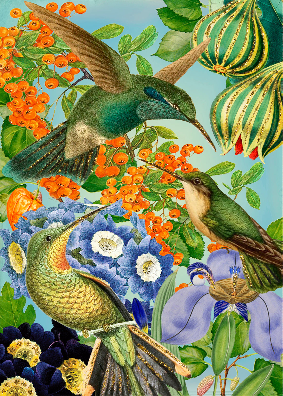 Refined luxury Hummingbirds Glittered Greeting Card featuring a colorful illustration of hummingbirds and exotic flowers with hand-glittered design by Madame Treacle.