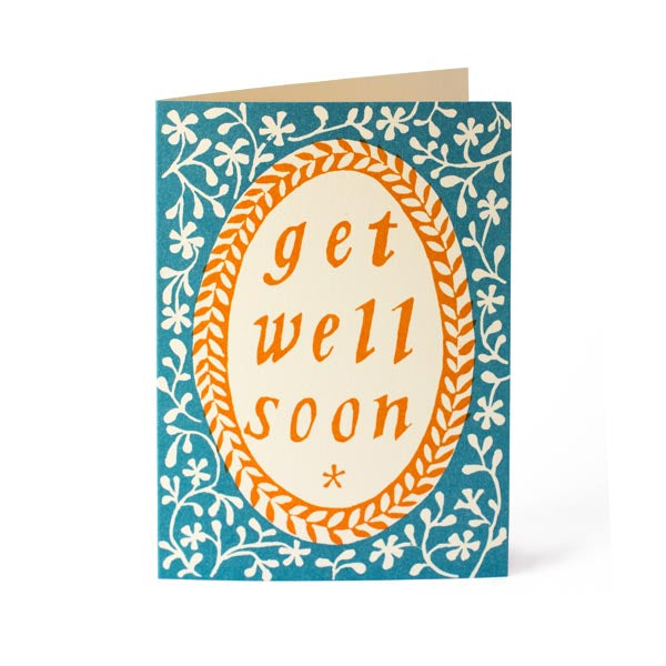 A Cambridge Imprint &quot;Get Well Soon Card&quot; with decorative floral patterns, printed with environmentally friendly ink.