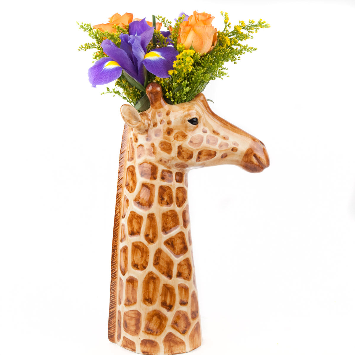 A quirky Giraffe Ceramic vase with flowers in it, created by Quail, a British brand known for its unique and whimsical pieces.