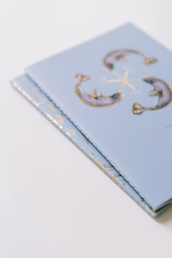 A Narwhal Notebook Duo from Good Juju Ink with gold foil on it.