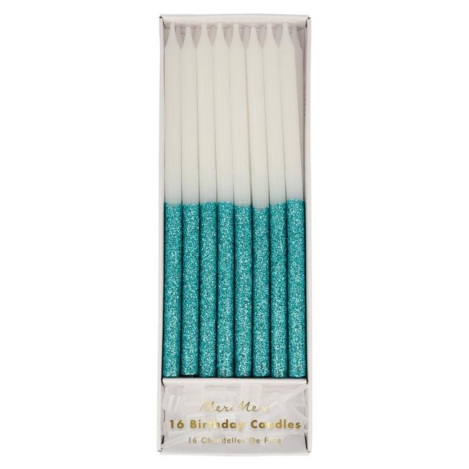 A pack of 16 Meri Meri Blue Glitter Dipped Candles.