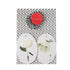 Two round In Bloom Green Gift Tags with floral designs on a geometric patterned background, made in England by Hester & Cook, with a red circular sticker bearing a website link.