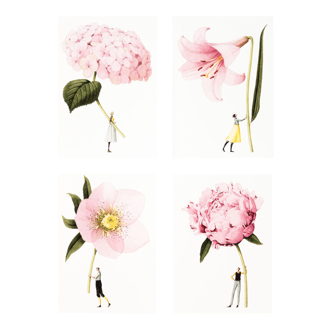 Four In Bloom Pink Flowers Notecards, Set of 8 by Hester &amp; Cook featuring pink floral prints with a woman holding a flower.