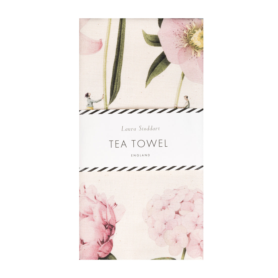 The In Bloom Pink Peony tea towel in retail packaging with a white paper belly band.