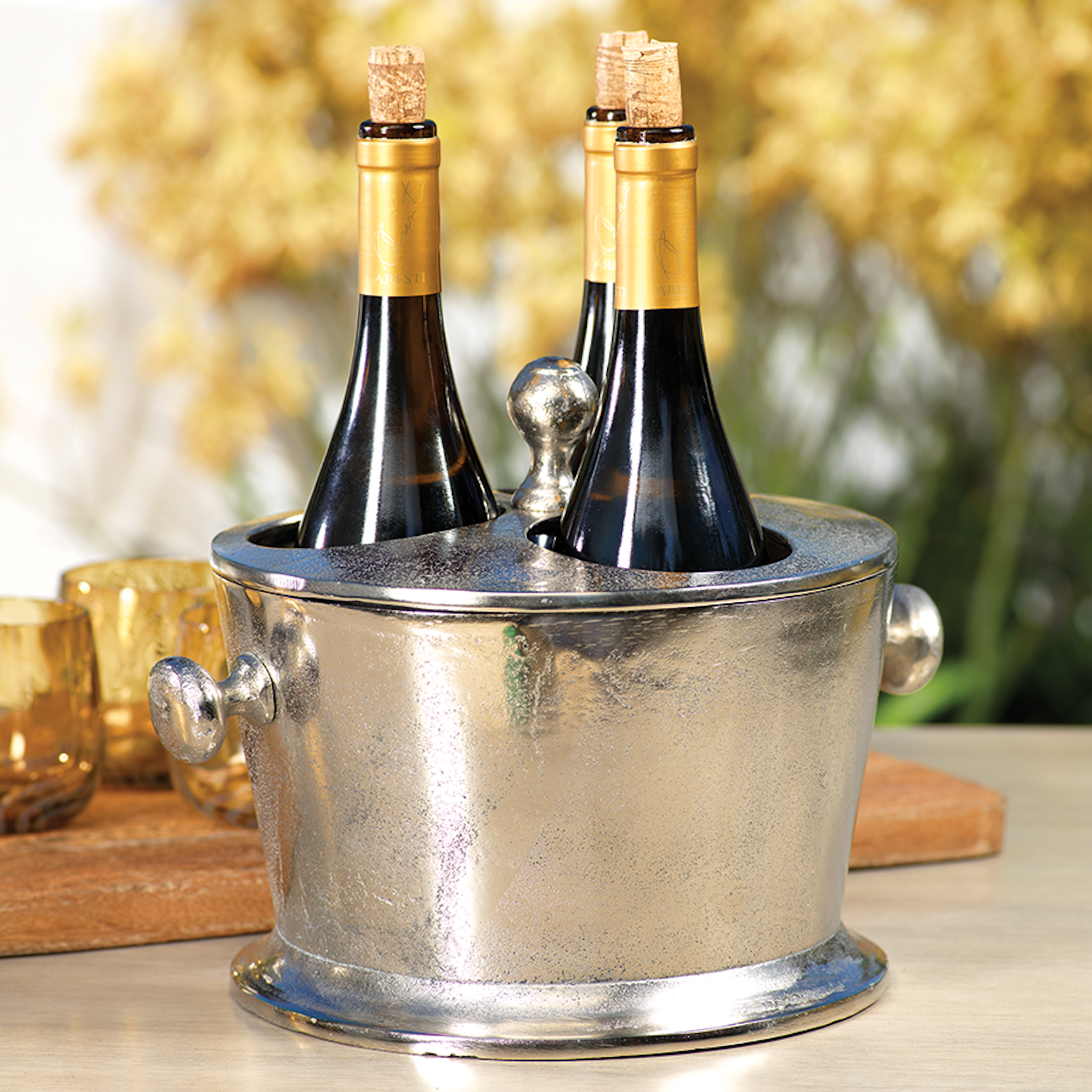 Three Bottle Wine Holder in Silver 10&quot; Tall
