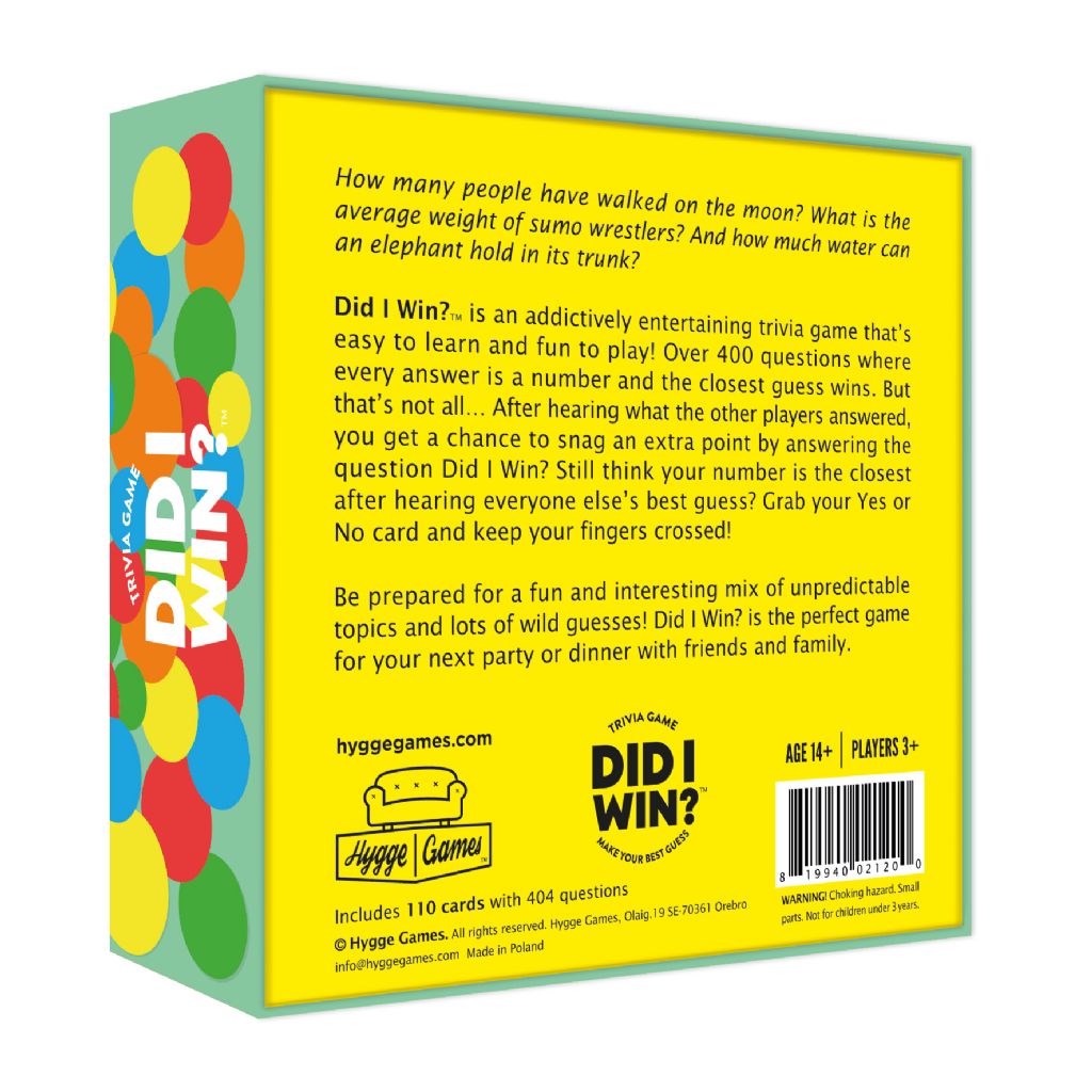 A colorful Did I Win? trivia game box with white text and a red circle on it, addictively entertaining, from Hygge Games.