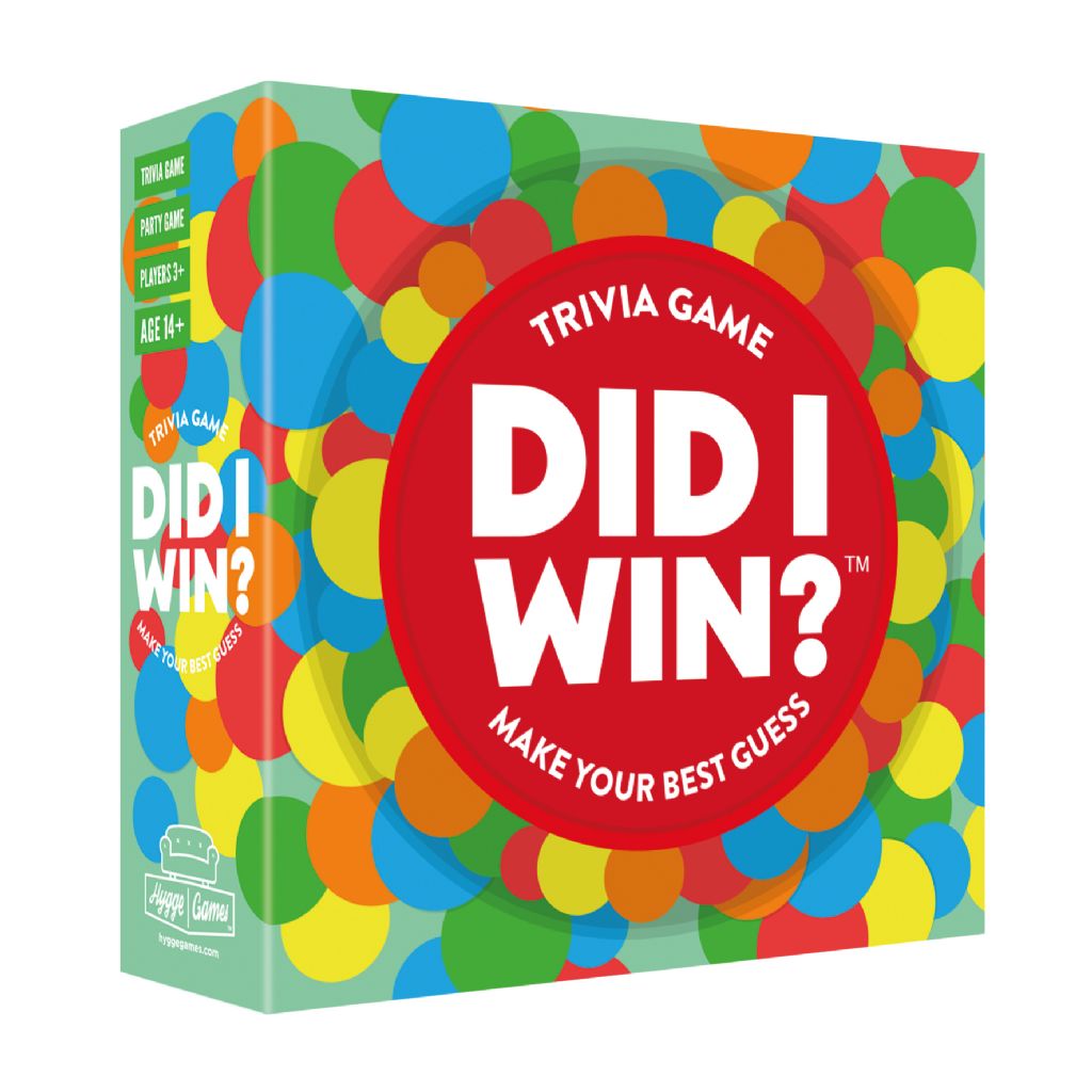 A colorful Did I Win? trivia game box with white text and a red circle on it, addictively entertaining, from Hygge Games.