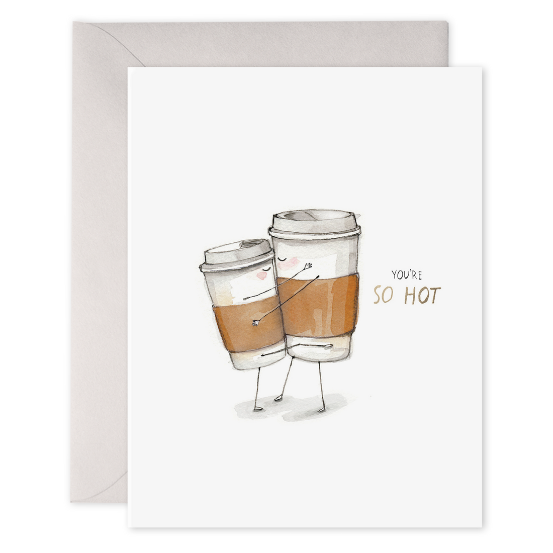 Illustrated greeting card featuring two anthropomorphized coffee cups hugging with the phrase &quot;you&