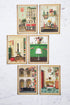 A set of six Hester & Cook Fabulous Fête Flat Note Boxed Set of 6 Cards featuring festive, party-inspired artwork of a living room, dining room, bedroom, and bathroom.