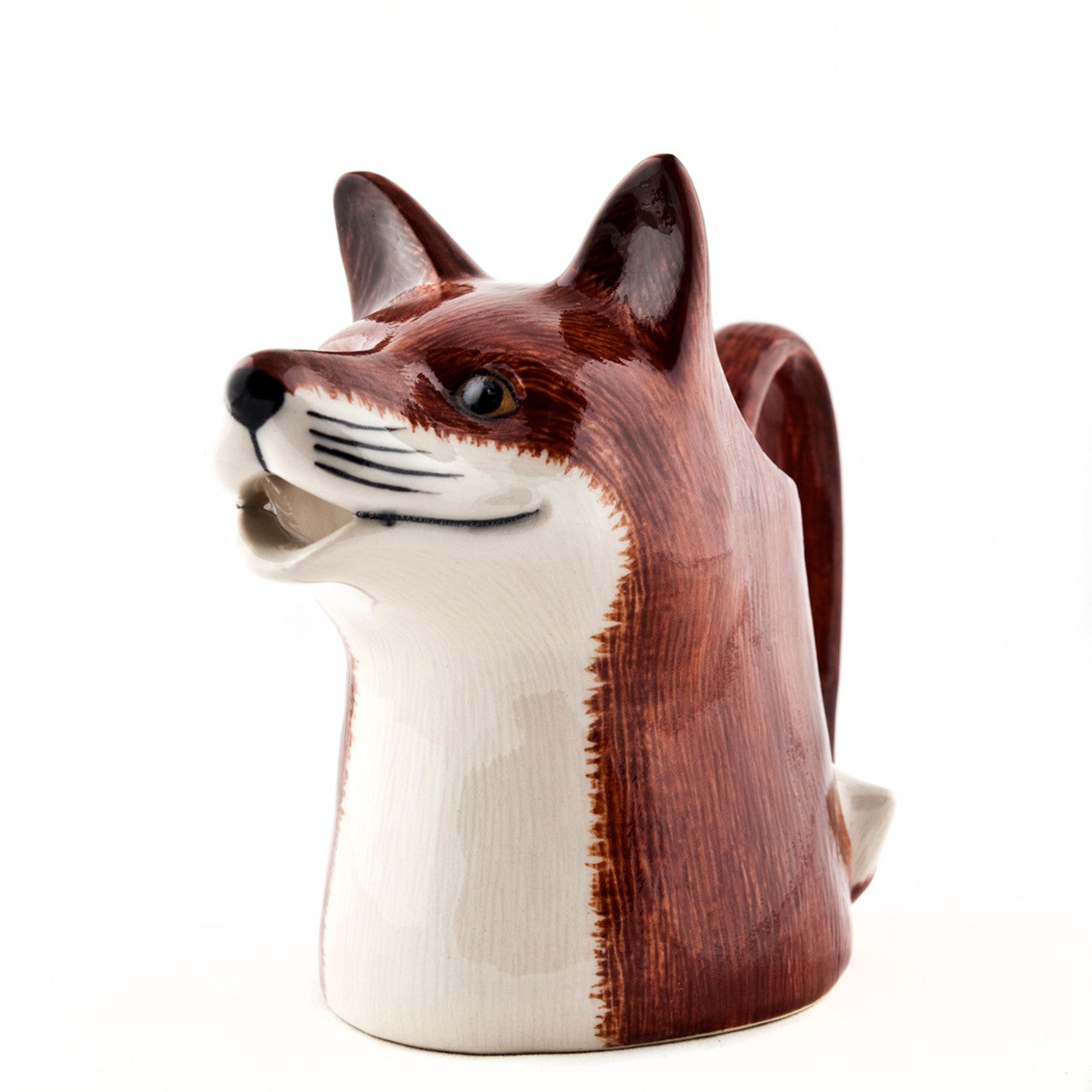 A Quail Woodland Animal Jug with a ceramic fox head on a white background, showcasing traditional British design.
