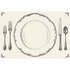 A monochrome grey, engraving-style illustration of a place setting with plate, two forks, a knife and spoon, with a small embellishment in each corner, on a white background.