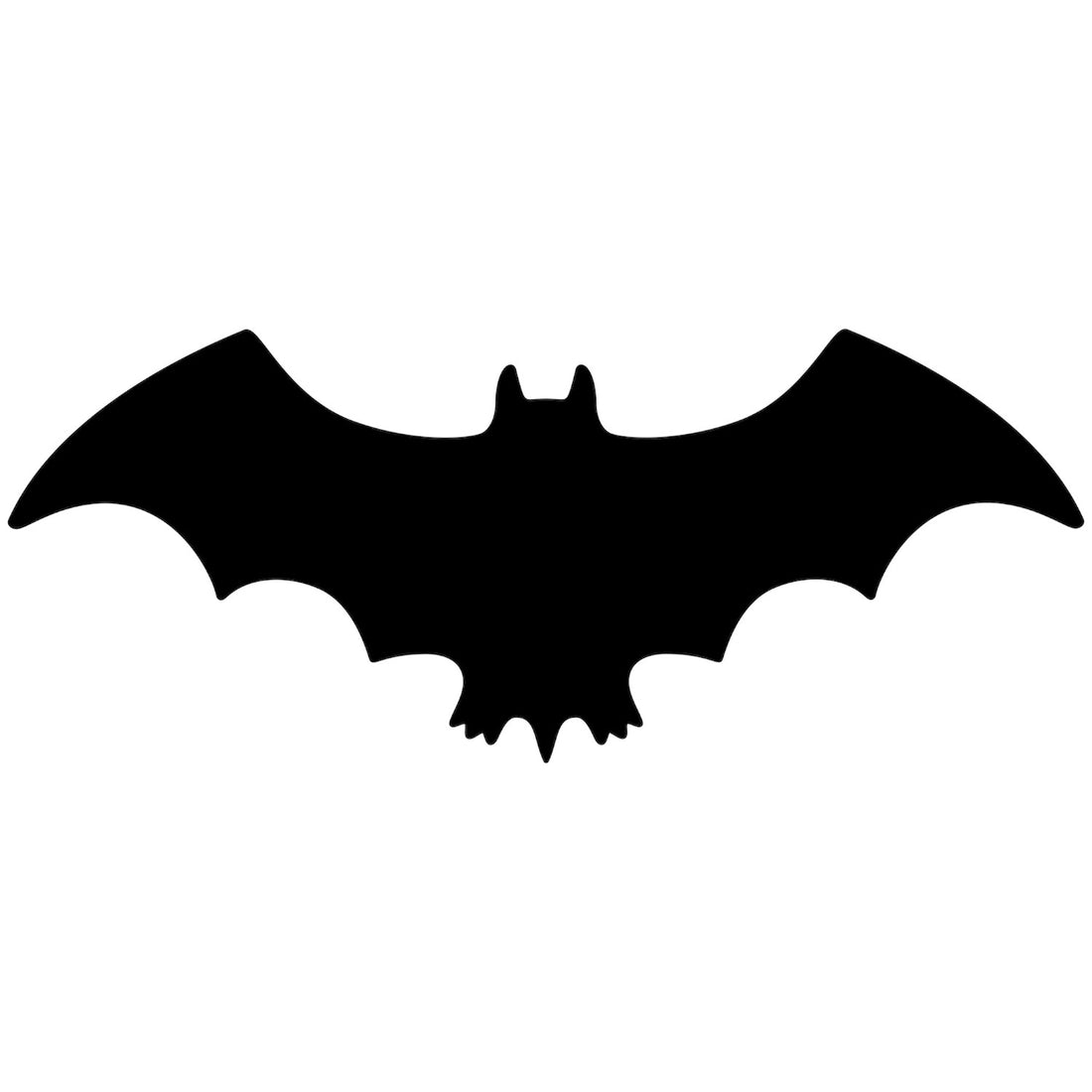 The symmetrical shape of a bat in flight, die-cut from solid black paper.