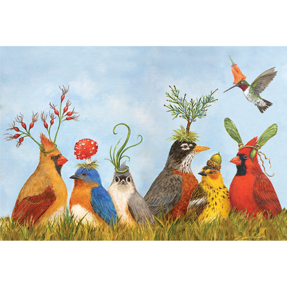 A group of birds, wearing hats made of foliage, in grass with a blue sky background.