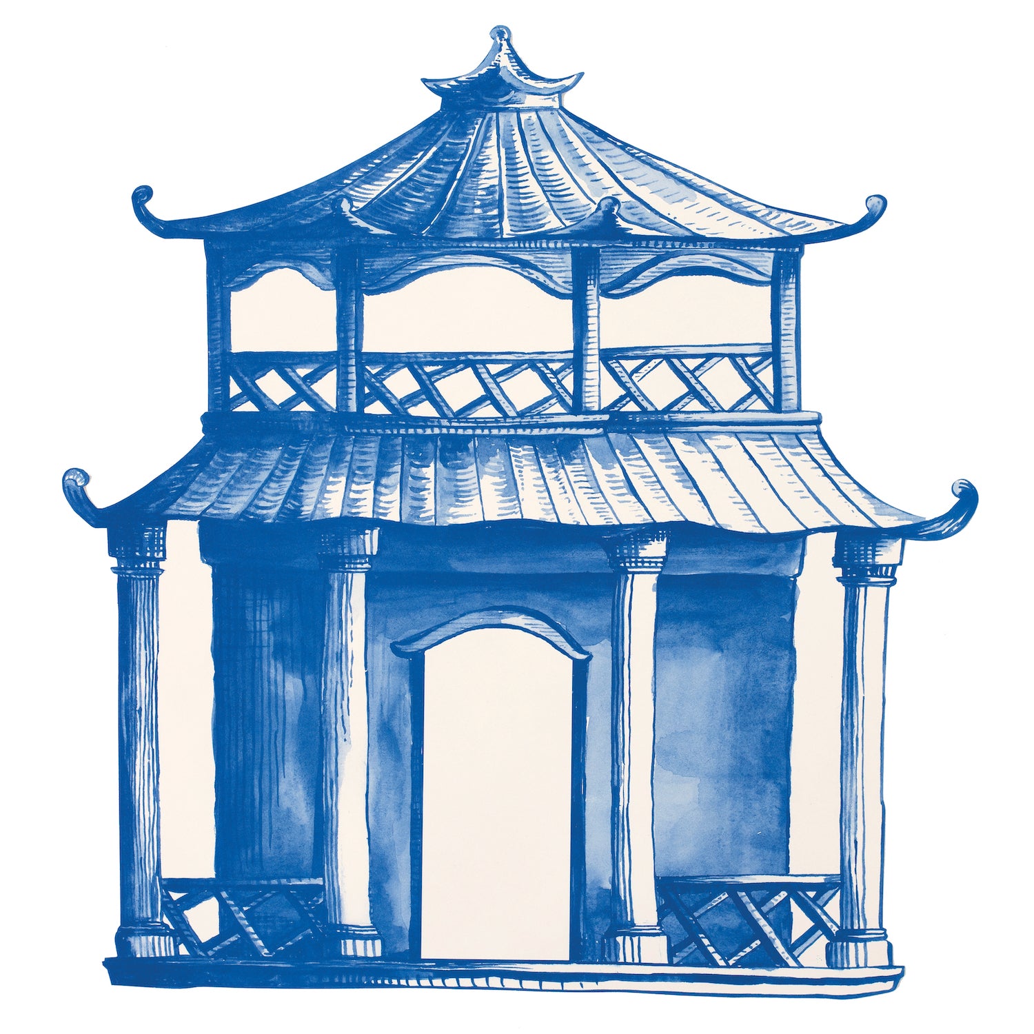 An elegant blue drawing of a Die-cut Pagoda Placemat enhanced with an artistic touch, by Hester &amp; Cook.