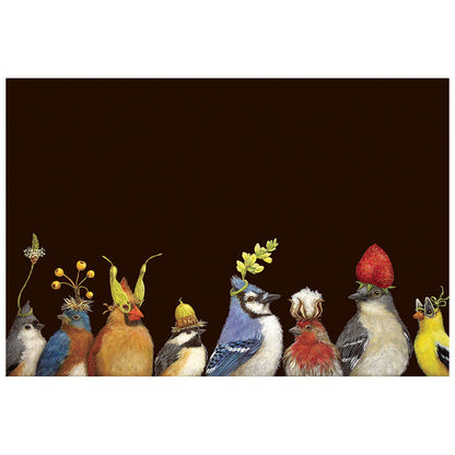 A group of eight varied songbirds, each wearing a botanical headdress, along the bottom half of a black background.