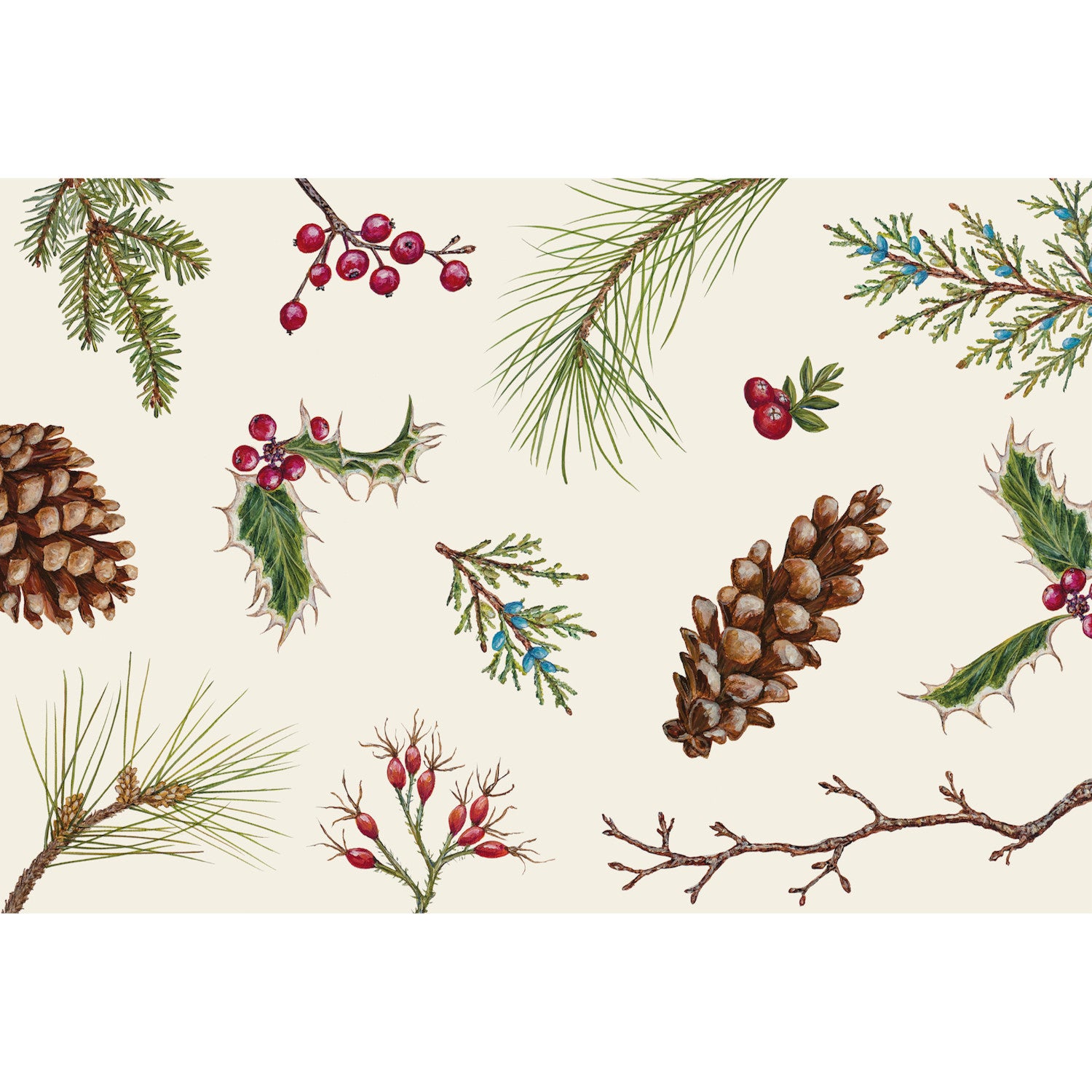 Seamless pattern of illustrated pine cones, branches, and holly berries on a neutral background, designed for Hester &amp; Cook Winter Collage Placemats printed in the USA.