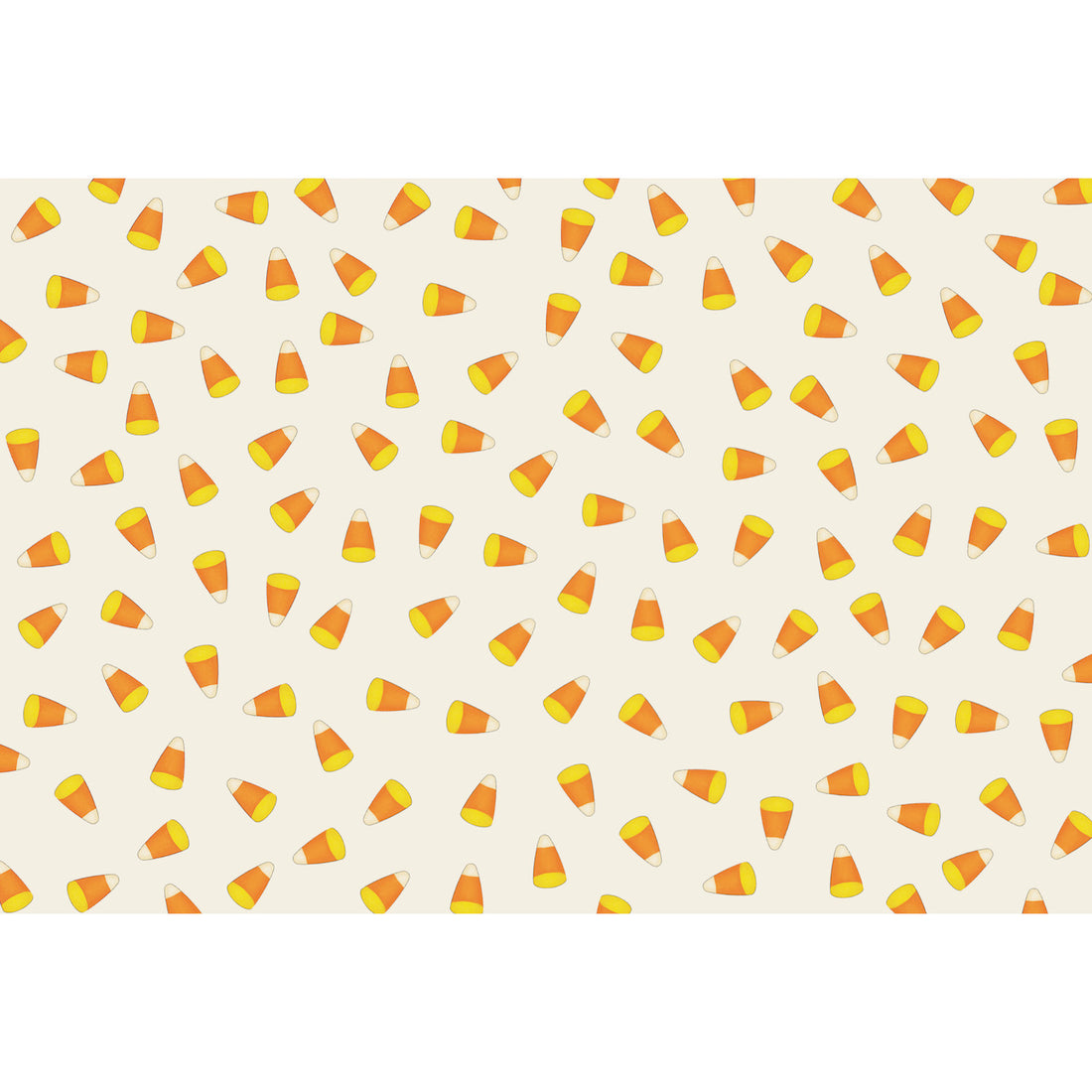 Illustrated  yellow, orange and white candy corns scattered on a cream background.