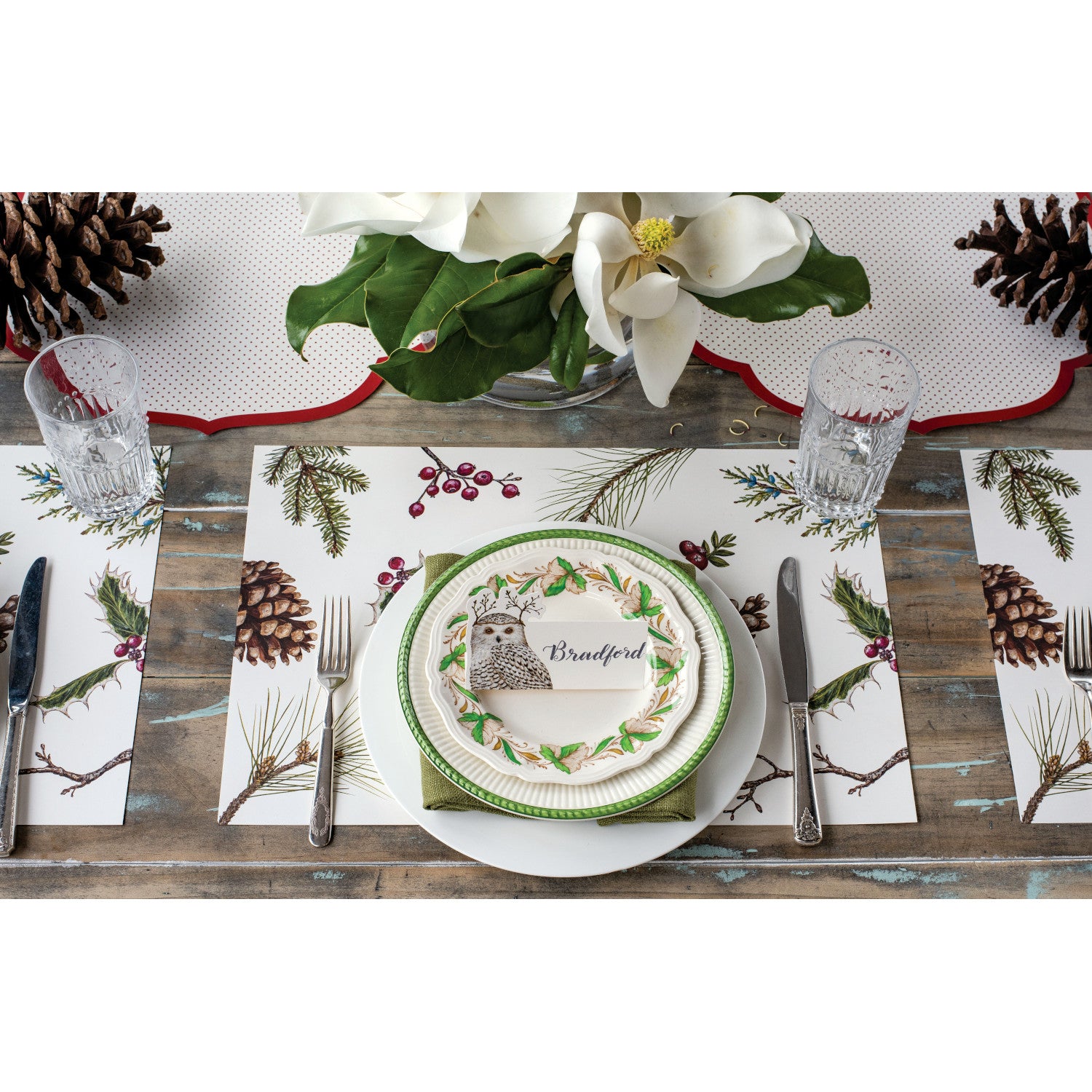 Seamless pattern of illustrated pine cones, branches, and holly berries on a neutral background, designed for Hester &amp; Cook Winter Collage Placemats printed in the USA.