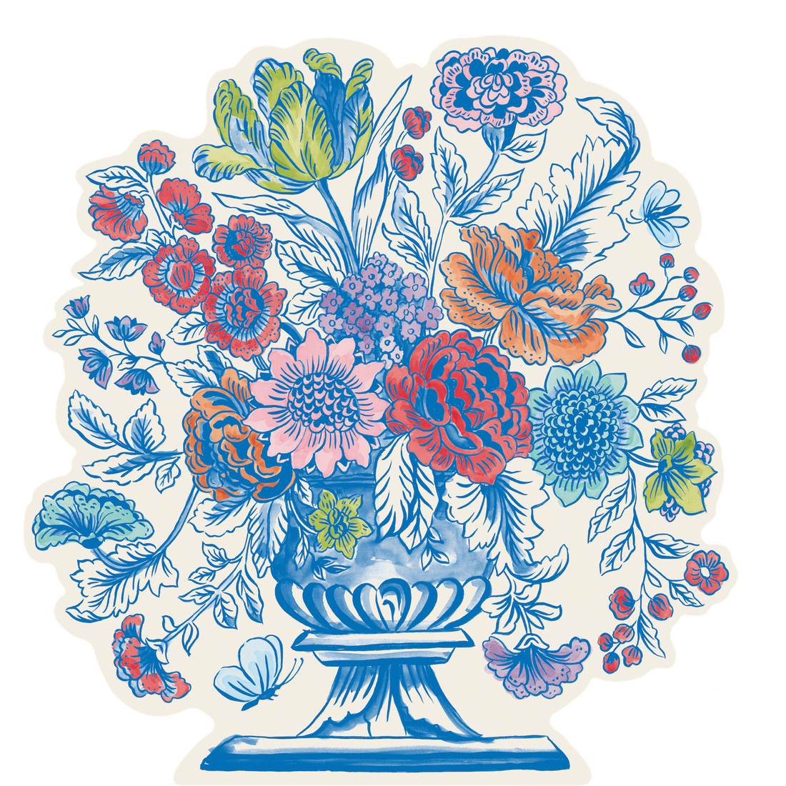 A die-cut Jardiniere Placemat with flowers in a china blue vase from the Hester &amp; Cook Collection.