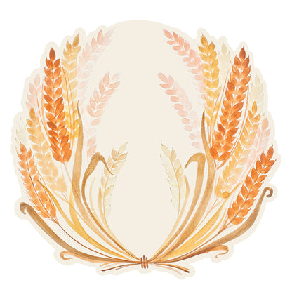 A Die-cut Golden Harvest Placemat by Hester &amp; Cook, featuring a watercolor wheat wreath on a white background, perfect as a table accent or placemat.