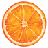 A circular, die-cut illustration of a vibrantly colored, juicy orange slice.