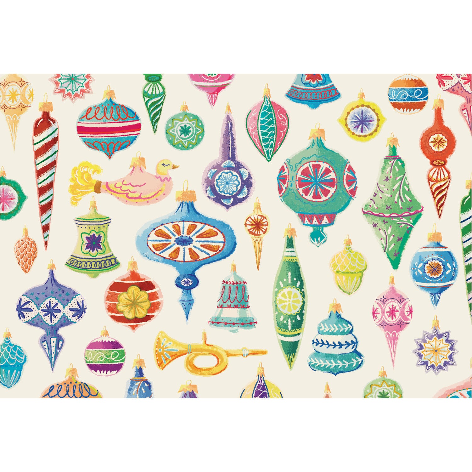 A cheerful illustration of multicolored  vintage-style glass Christmas ornaments of various sizes, evenly spaced on a white background. 