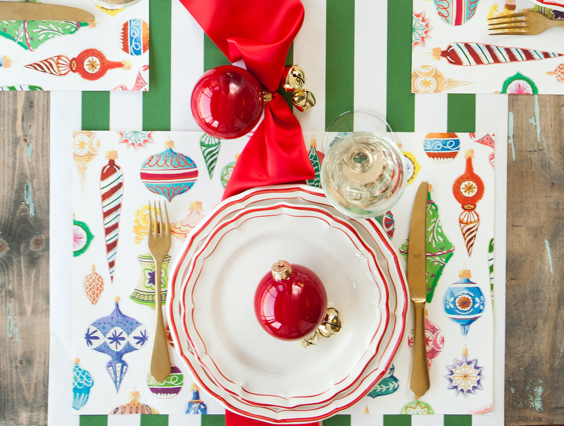 A nostalgic table scape with vintage Hester &amp; Cook ornaments placemat.