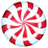 A circular, die-cut illustration of a vintage-style, red and white peppermint hard candy.