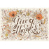 An illustration of beautiful calligraphy reading "give thanks" in deep brown, surrounded by brown, orange and yellow florals and filigree, on a white background. 