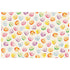 Colorful, illustrated candy hearts with cute messages scattered over a white background.