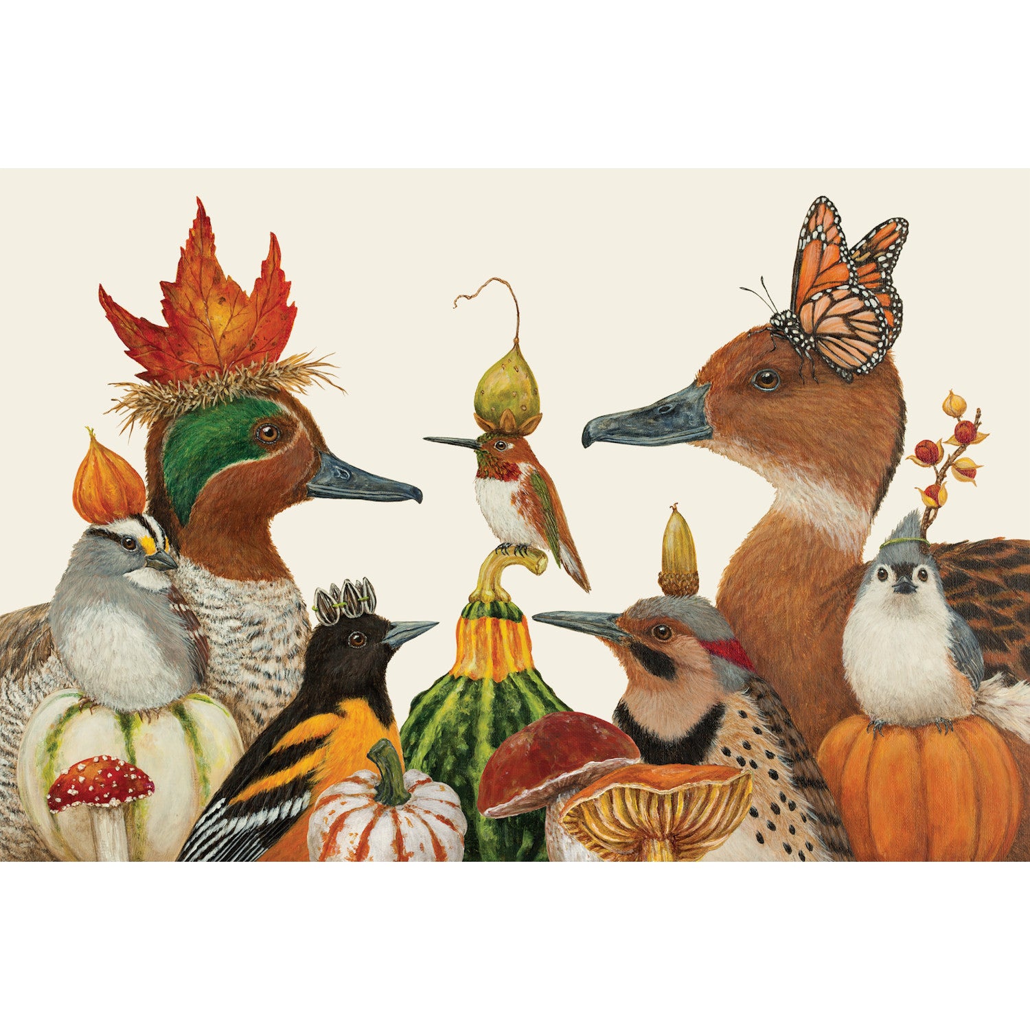 A realistic illustration of seven various birds, ranging in size from hummingbird to ducks, surrounded by mushrooms and gourds, each with a headdress of fall foliage, on a white background.