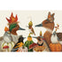 A realistic illustration of seven various birds, ranging in size from hummingbird to ducks, surrounded by mushrooms and gourds, each with a headdress of fall foliage, on a white background.