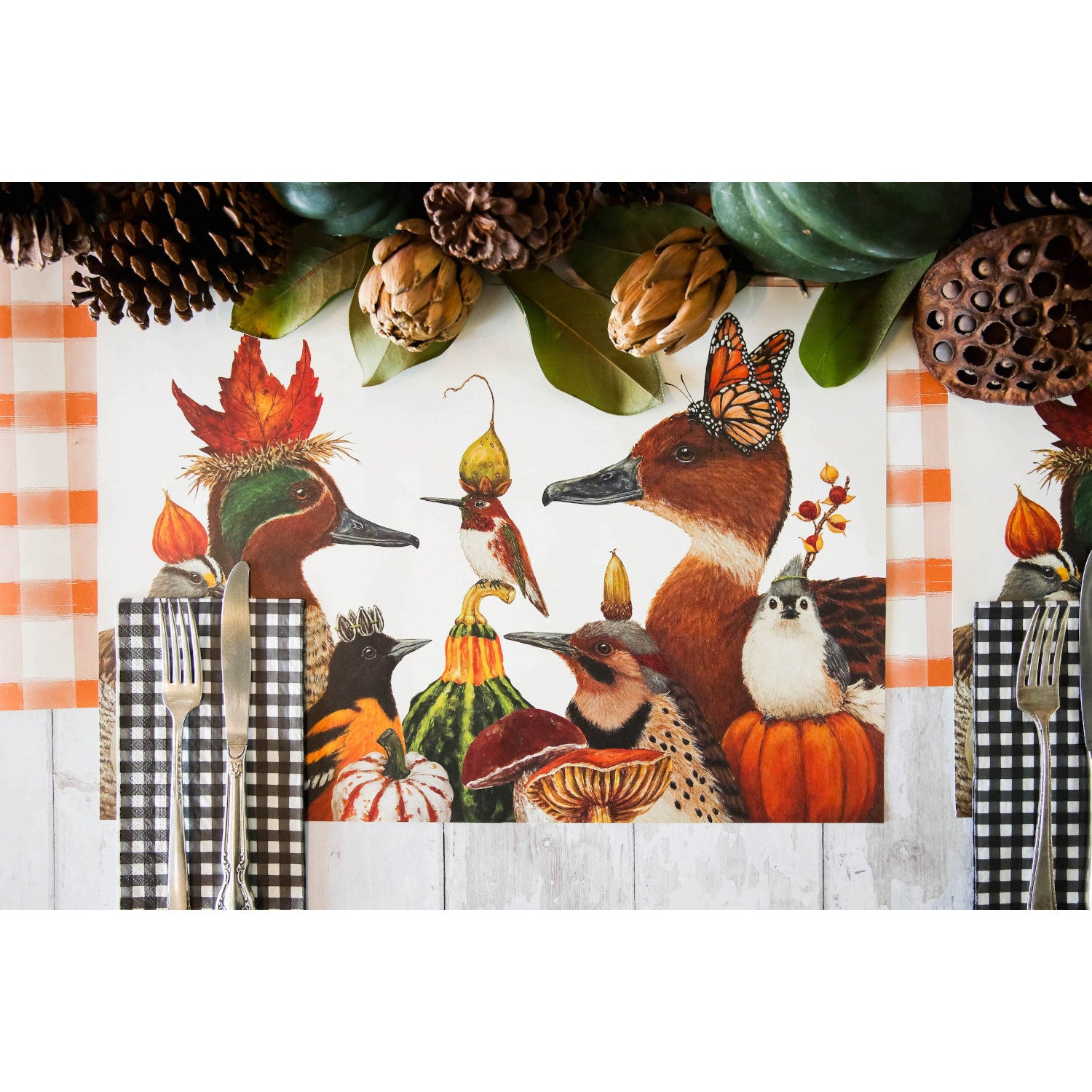 The We Gather Together Placemat under an elegant fall-themed table setting, from above.