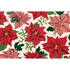 An illustrated scatter of large poinsettias in red and pink, with green accents of winter foliage, on a white background.