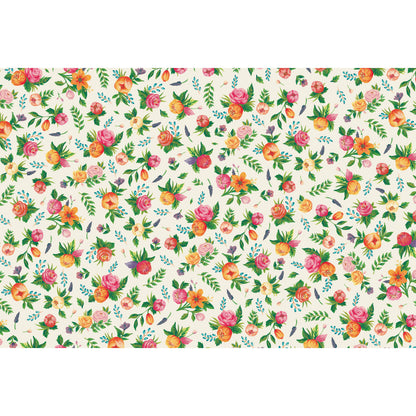 A pattern of small, illustrated pink and orange flowers and green leaves, scattered on a white background.