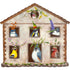 A die-cut illustration of a birdhouse with seven open windows, each containing a different colorful songbird wearing a floral headdress.