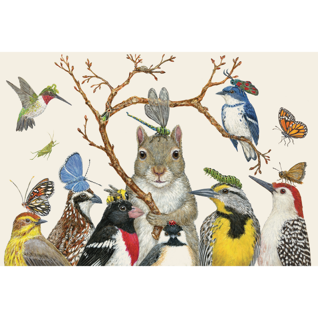 A charming illustration of a squirrel holding a curved twig, surrounded by colorful bird friends, each with a cute bug on its head such as butterflies, dragonflies, a bee and a caterpillar, on a white background.