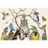 A charming illustration of a squirrel holding a curved twig, surrounded by colorful bird friends, each with a cute bug on its head such as butterflies, dragonflies, a bee and a caterpillar, on a white background.