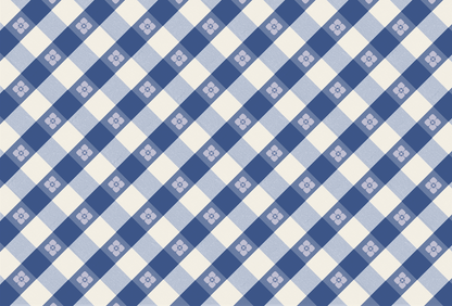 A blue and white checkered pattern, like the Picnic Check Placemat by Hester &amp; Cook.