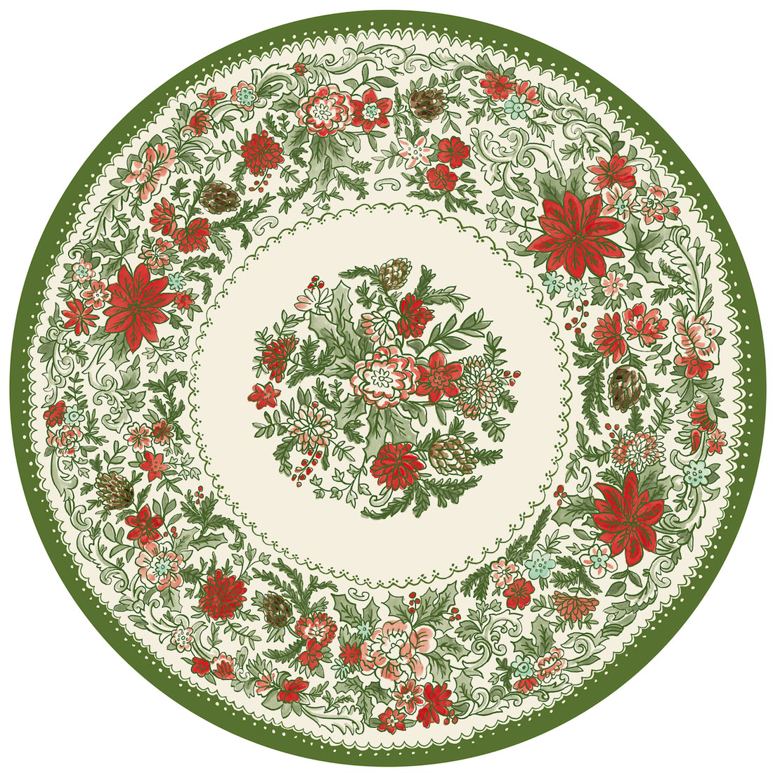 A circular illustration resembling vintage china featuring red poinsettias and green floral filagree, contained by a decorative green border on a white background. 