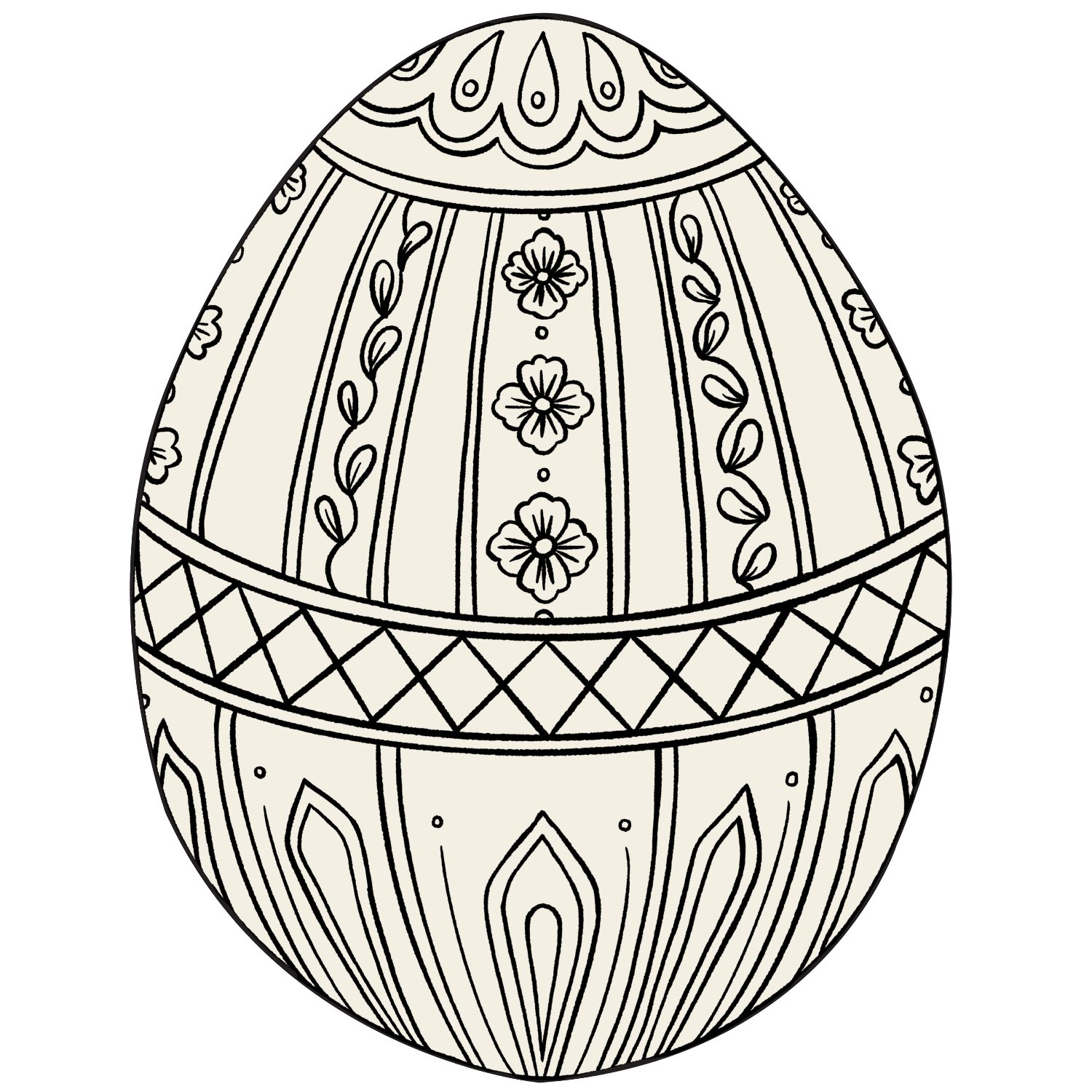 A coloring-book style line drawing of an ornate Easter egg.