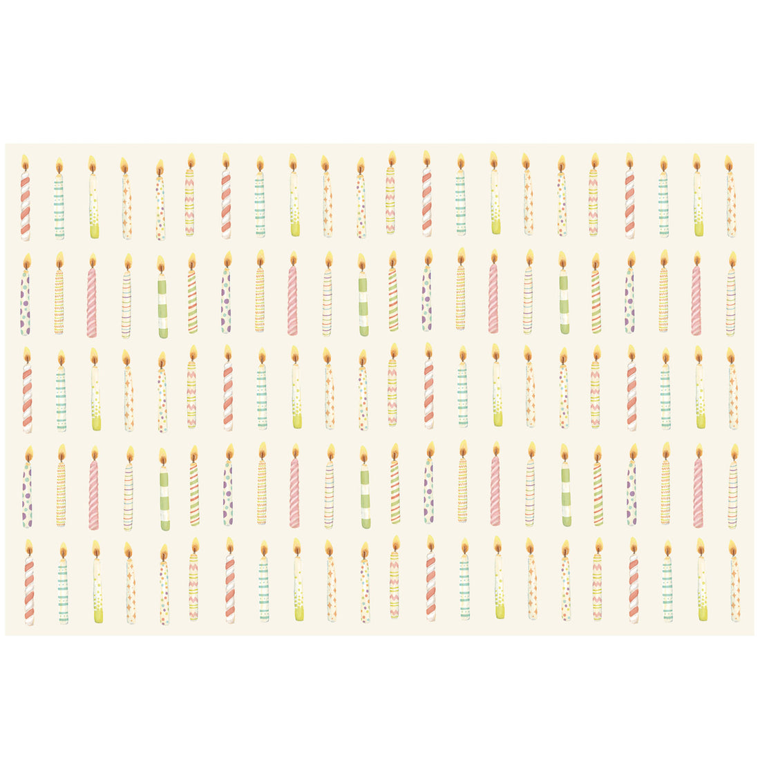 A printed pattern of  colorful birthday candles paper placemat by Hester &amp; Cook on a white background.