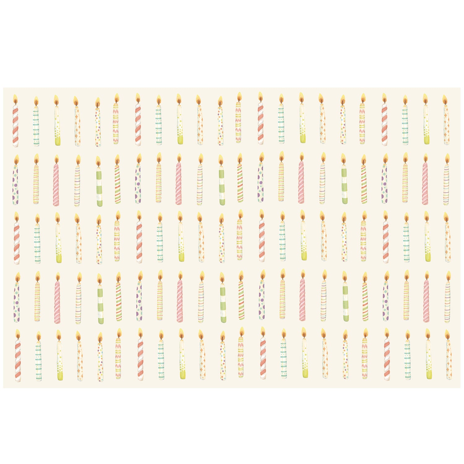 Five rows of illustrated, colorful lit birthday candles across a cream background.