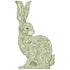 A die-cut hare illustrated with medium green linework over white, full of a densely-packed floral design.