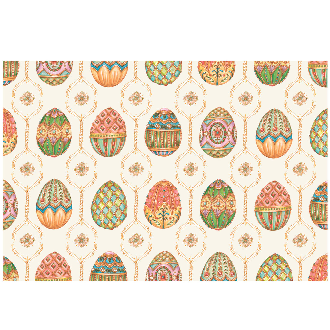 An evenly-spaced illustrated pattern of elaborate Fabergé eggs between floral accents, in pink, green, teal and orange on a white background.